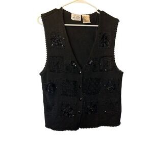 Vintage Kathie Lee Womens Black Embellished Button Front Knit Vest Whimsigoth